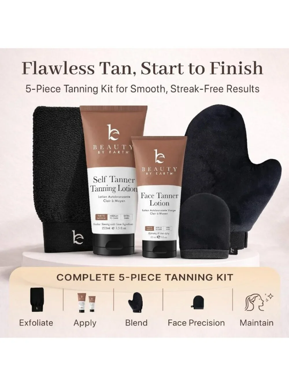 Organic Self Tanner Kit - Natural Tanning Lotion for Face & Body, Non-Toxic